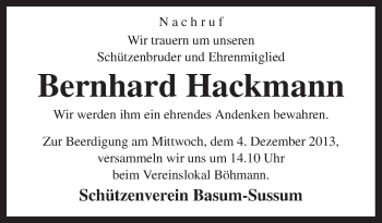Traueranzeige von Bernhard Hackmann von Neue Osnabrücker Zeitung GmbH & Co. KG