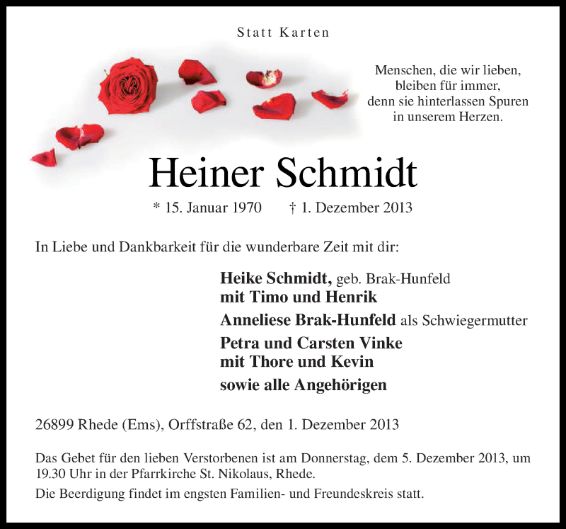  Traueranzeige für Heiner Schmidt vom 03.12.2013 aus Neue Osnabrücker Zeitung GmbH & Co. KG