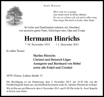 Traueranzeige von Hermann Hinrichs von Neue Osnabrücker Zeitung GmbH & Co. KG