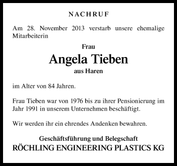 Traueranzeige von Angela Tieben von Neue Osnabrücker Zeitung GmbH & Co. KG