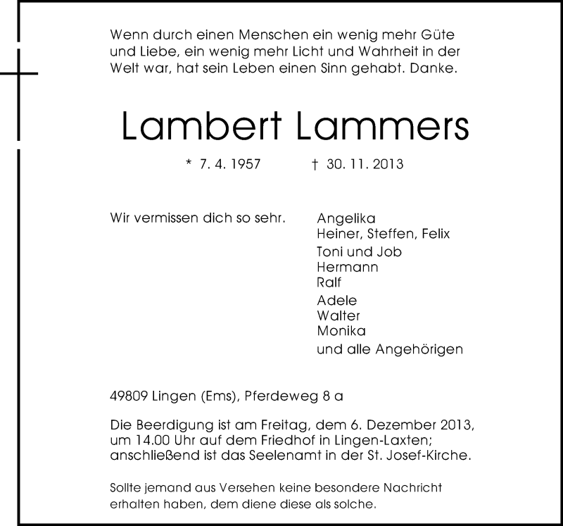  Traueranzeige für Lambert Lammers vom 03.12.2013 aus Neue Osnabrücker Zeitung GmbH & Co. KG