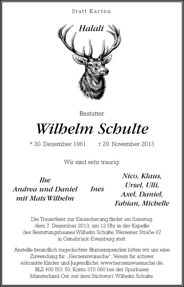  Traueranzeige für Wilhelm Schulte vom 04.12.2013 aus Neue Osnabrücker Zeitung GmbH & Co. KG