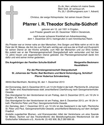 Traueranzeige von Theodor Schulte-Südhoff von Neue Osnabrücker Zeitung GmbH & Co. KG