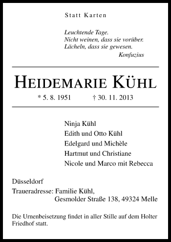 Traueranzeige von Heidmarie Kühl von Neue Osnabrücker Zeitung GmbH & Co. KG