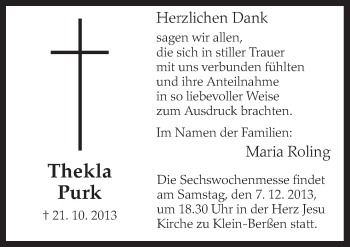 Traueranzeige von Thekla Purk von Neue Osnabrücker Zeitung GmbH & Co. KG