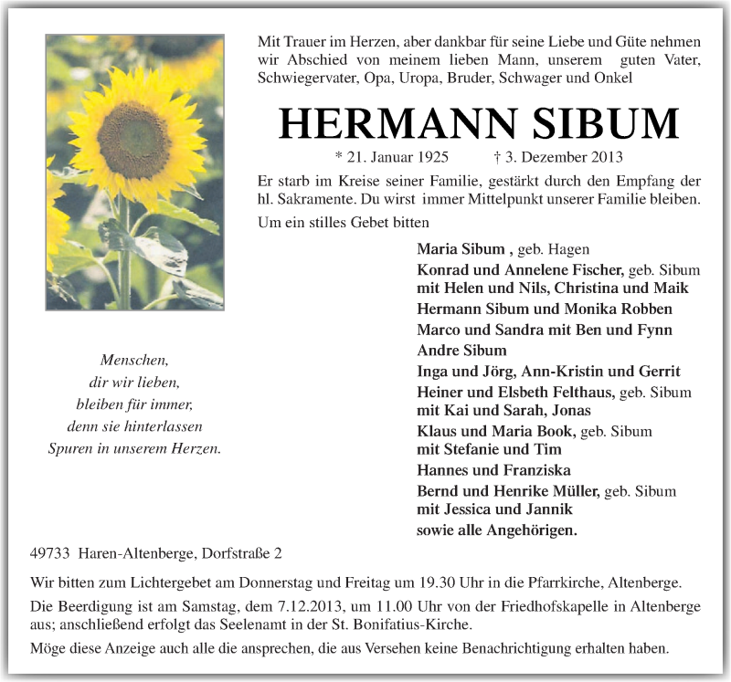  Traueranzeige für Hermann Sibum vom 05.12.2013 aus Neue Osnabrücker Zeitung GmbH & Co. KG