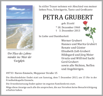 Traueranzeige von Petra Grubert von Neue Osnabrücker Zeitung GmbH & Co. KG