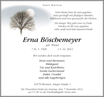 Traueranzeige von Erna Böschemeyer von Neue Osnabrücker Zeitung GmbH & Co. KG