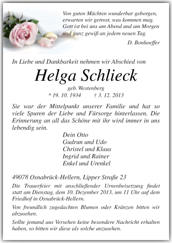 Traueranzeige von Helga Schlieck von Neue Osnabrücker Zeitung GmbH & Co. KG