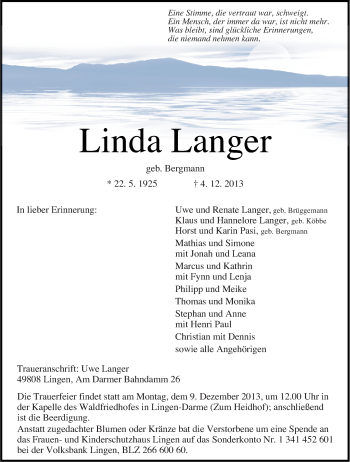 Traueranzeige von Linda Langer von Neue Osnabrücker Zeitung GmbH & Co. KG