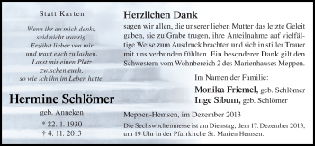 Traueranzeige von Hermine Schlömer von Neue Osnabrücker Zeitung GmbH & Co. KG