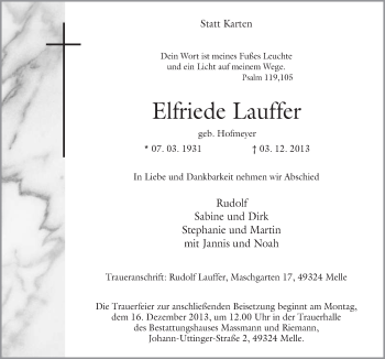 Traueranzeige von Elfriede Lauffer von Neue Osnabrücker Zeitung GmbH & Co. KG