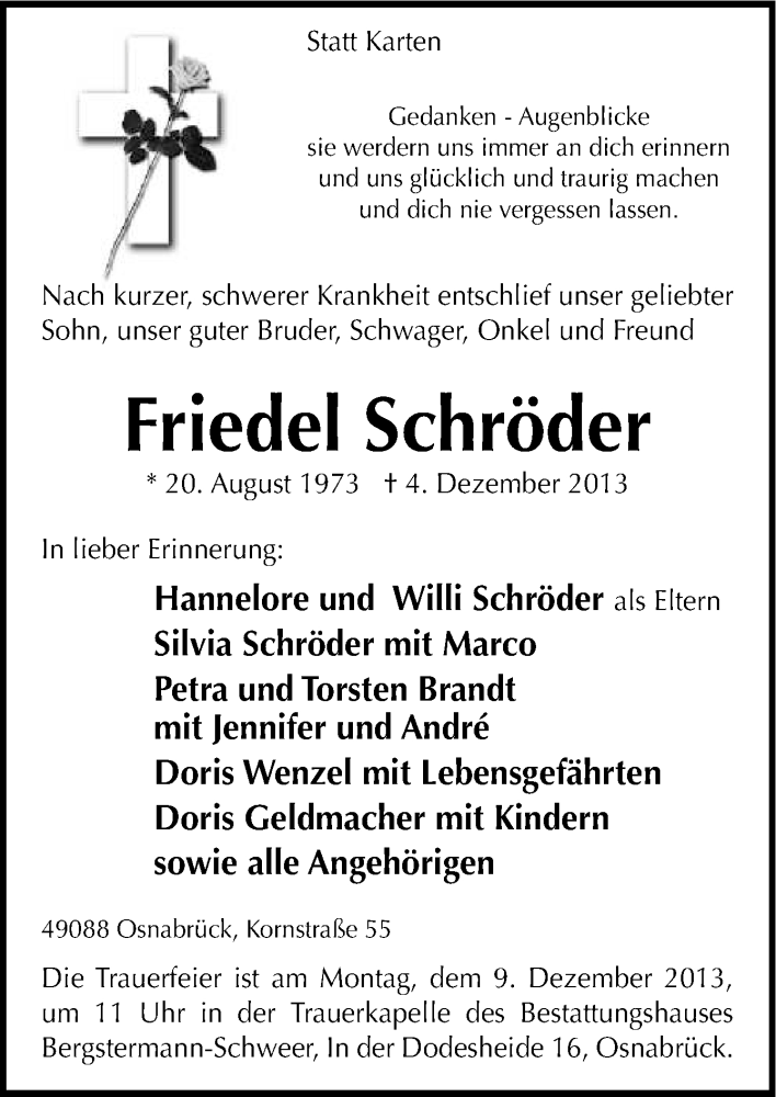  Traueranzeige für Friedel Schröder vom 06.12.2013 aus Neue Osnabrücker Zeitung GmbH & Co. KG