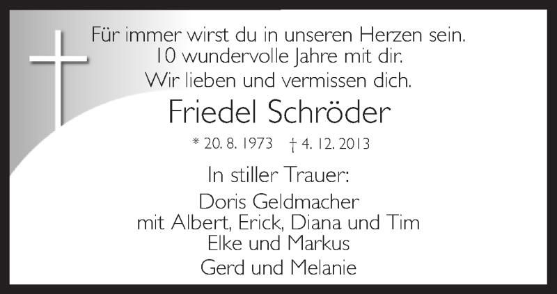  Traueranzeige für Friedel Schröder vom 07.12.2013 aus Neue Osnabrücker Zeitung GmbH & Co. KG