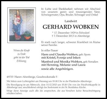 Traueranzeige von Gerhard Wobken von Neue Osnabrücker Zeitung GmbH & Co. KG