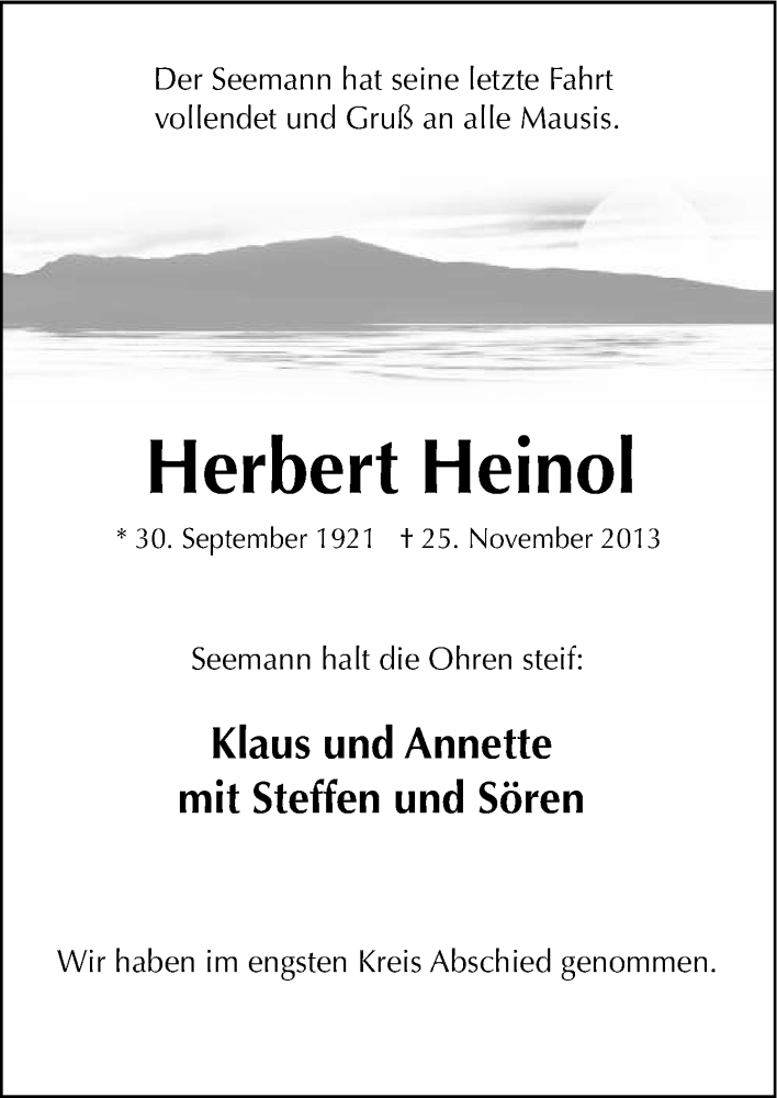  Traueranzeige für Herbert Heinol vom 09.12.2013 aus Neue Osnabrücker Zeitung GmbH & Co. KG