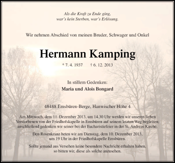 Traueranzeige von Hermann Kamping von Neue Osnabrücker Zeitung GmbH & Co. KG