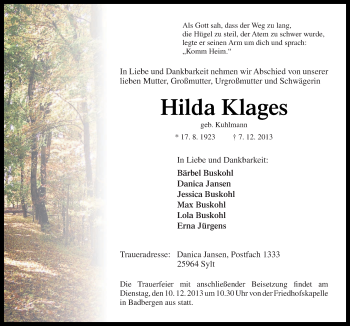 Traueranzeige von Hilda Klages von Neue Osnabrücker Zeitung GmbH & Co. KG