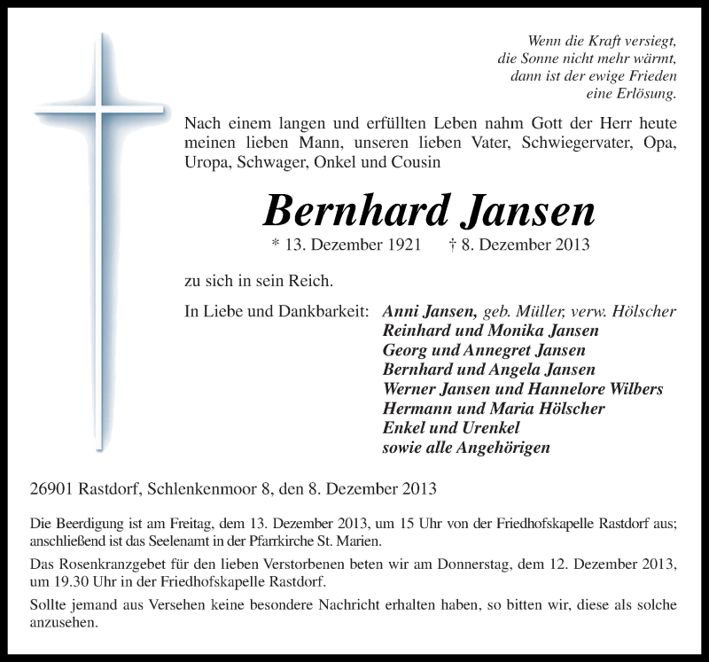  Traueranzeige für Bernhard Jansen vom 10.12.2013 aus Neue Osnabrücker Zeitung GmbH & Co. KG