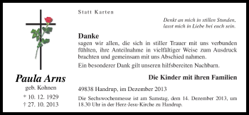 Traueranzeige von Paula Arns von Neue Osnabrücker Zeitung GmbH & Co. KG