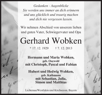 Traueranzeige von Gerhard Wobken von Neue Osnabrücker Zeitung GmbH & Co. KG