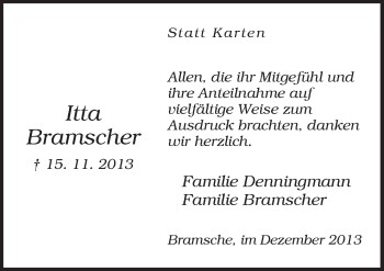 Traueranzeige von Itta Bramscher von Neue Osnabrücker Zeitung GmbH & Co. KG