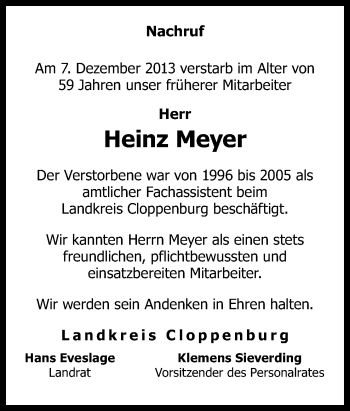 Traueranzeige von Heinz Meyer von Neue Osnabrücker Zeitung GmbH & Co. KG