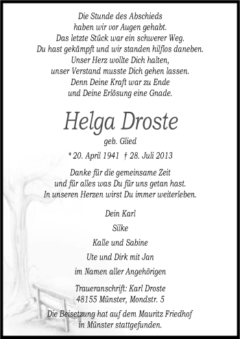 Traueranzeige von Helga Droste von Neue Osnabrücker Zeitung GmbH & Co. KG