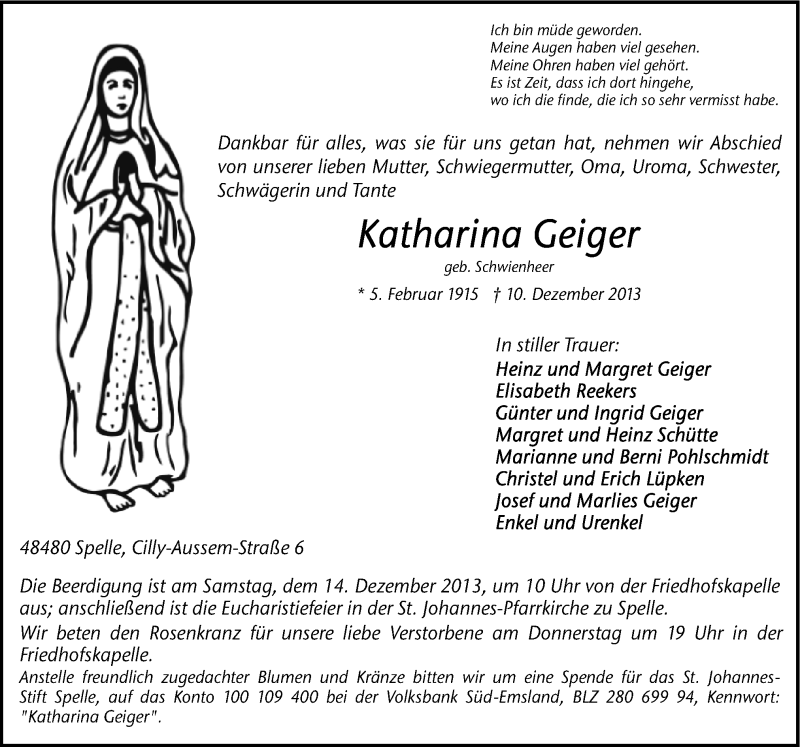  Traueranzeige für Katharina Geiger vom 12.12.2013 aus Neue Osnabrücker Zeitung GmbH & Co. KG