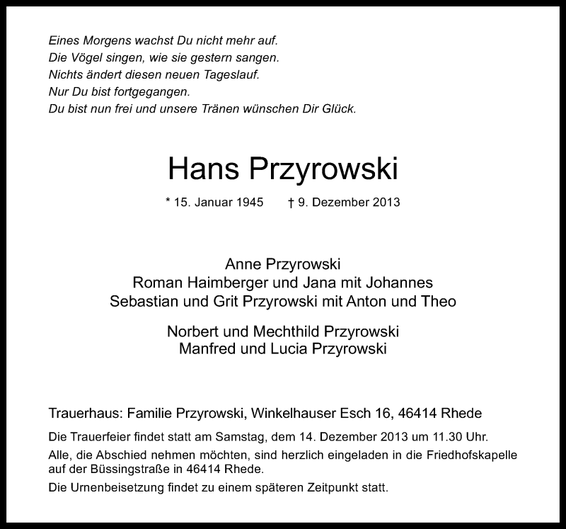  Traueranzeige für Hans Przyrowski vom 12.12.2013 aus Neue Osnabrücker Zeitung GmbH & Co. KG