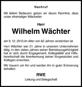 Traueranzeige von Wilhelm Wächter von Neue Osnabrücker Zeitung GmbH & Co. KG