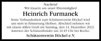 Traueranzeige von Heinrich Furmanek von Neue Osnabrücker Zeitung GmbH & Co. KG