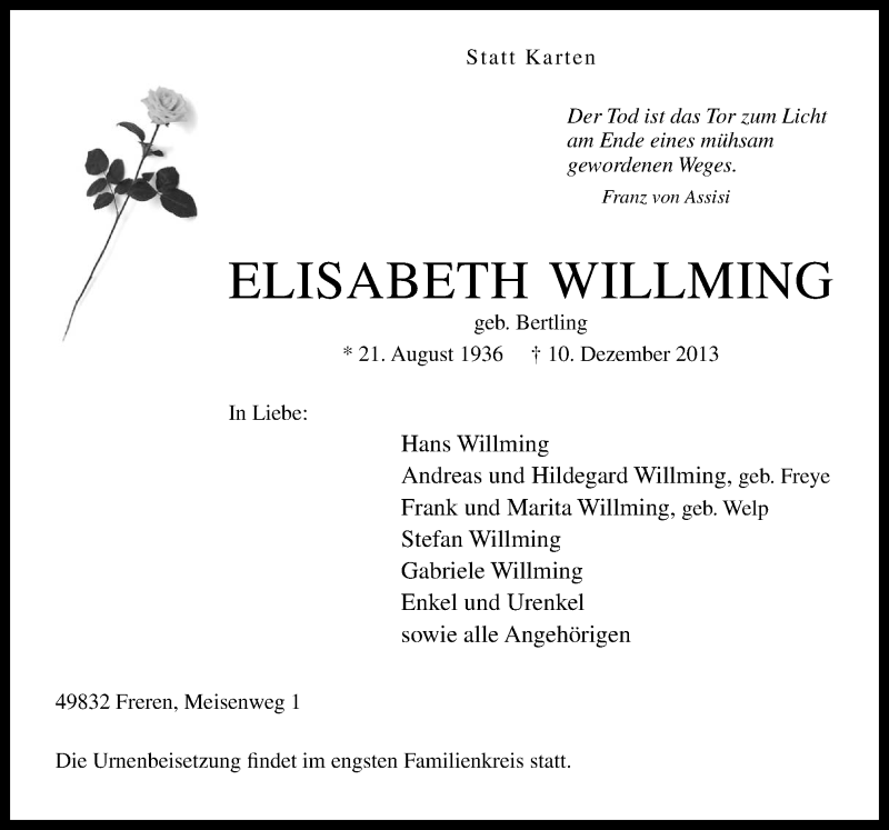  Traueranzeige für Elisabeth Willming vom 14.12.2013 aus Neue Osnabrücker Zeitung GmbH & Co. KG