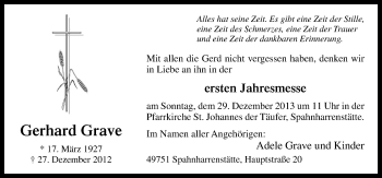 Traueranzeige von Gerhard Grave von Neue Osnabrücker Zeitung GmbH & Co. KG
