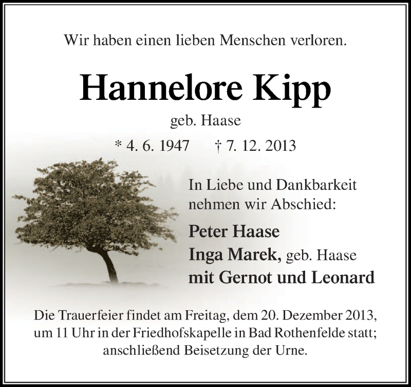  Traueranzeige für Hannelore Kipp vom 17.12.2013 aus Neue Osnabrücker Zeitung GmbH & Co. KG