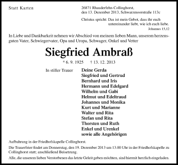 Traueranzeige von Siegfried Ambraß von Neue Osnabrücker Zeitung GmbH & Co. KG