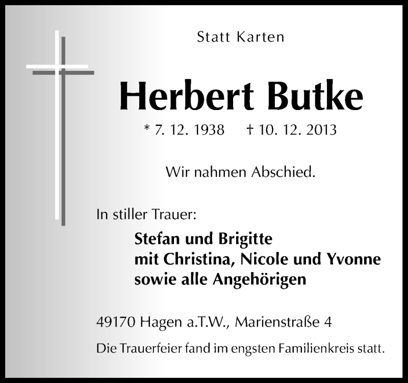  Traueranzeige für Herbert Butke vom 16.12.2013 aus Neue Osnabrücker Zeitung GmbH & Co. KG
