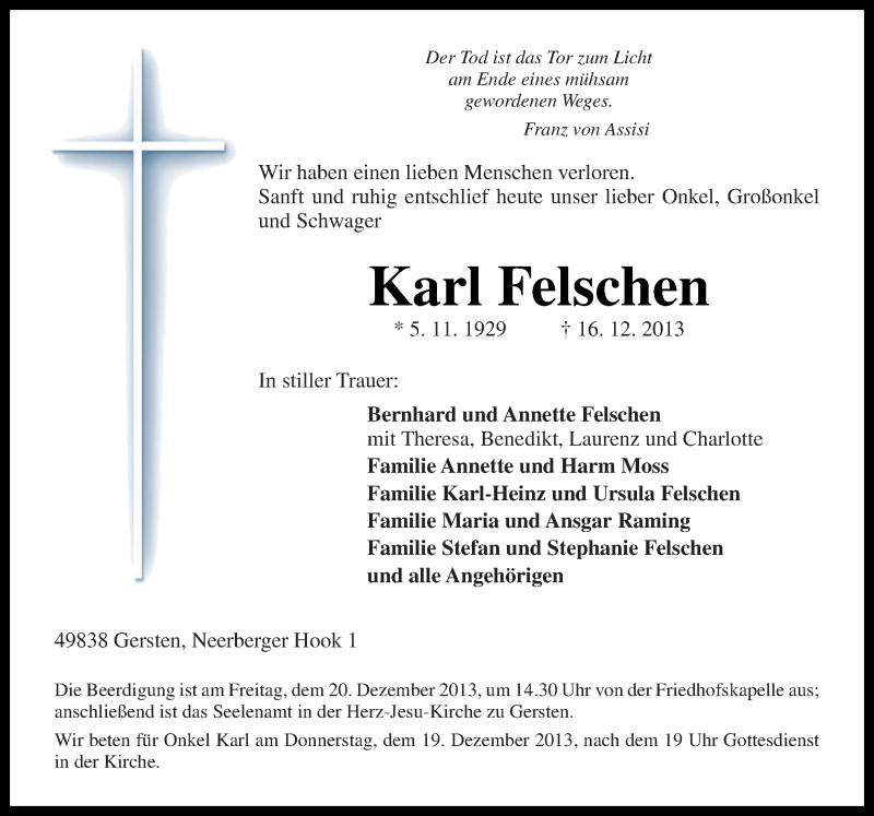 Traueranzeige für Karl Felschen vom 17.12.2013 aus Neue Osnabrücker Zeitung GmbH & Co. KG