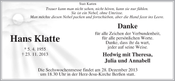 Traueranzeige von Hans Klatte von Neue Osnabrücker Zeitung GmbH & Co. KG