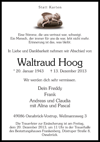 Traueranzeige von Waltraud Hoog von Neue Osnabrücker Zeitung GmbH & Co. KG