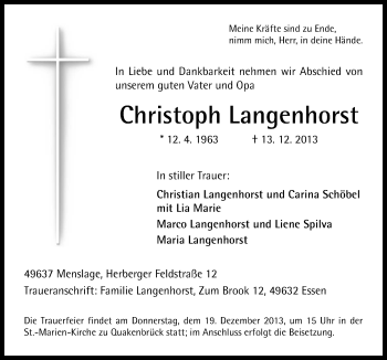 Traueranzeige von Christoph Langenhorst von Neue Osnabrücker Zeitung GmbH & Co. KG