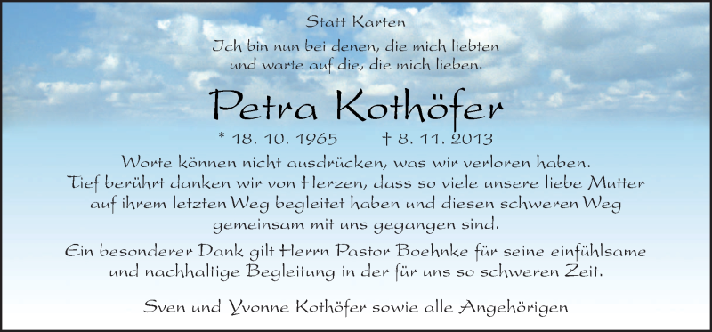  Traueranzeige für Petra Kothöfer vom 21.12.2013 aus Neue Osnabrücker Zeitung GmbH & Co. KG