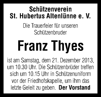 Traueranzeige von Franz Thyes von Neue Osnabrücker Zeitung GmbH & Co. KG