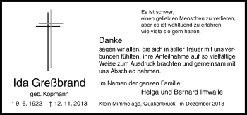 Traueranzeige von Ida Greßbrand von Neue Osnabrücker Zeitung GmbH & Co. KG