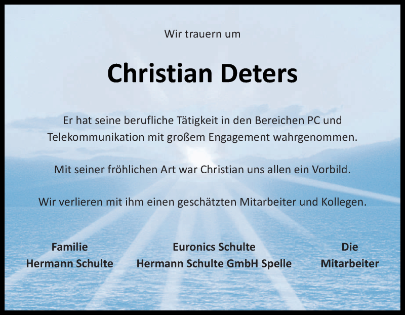  Traueranzeige für Christian Deters vom 19.12.2013 aus Neue Osnabrücker Zeitung GmbH & Co. KG