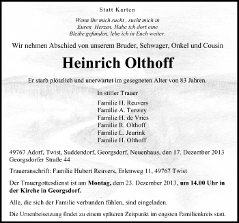 Traueranzeige von Heinrich Olthoff von Neue Osnabrücker Zeitung GmbH & Co. KG