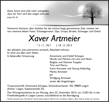 Traueranzeige von Xaver Artmeier von Neue Osnabrücker Zeitung GmbH & Co. KG