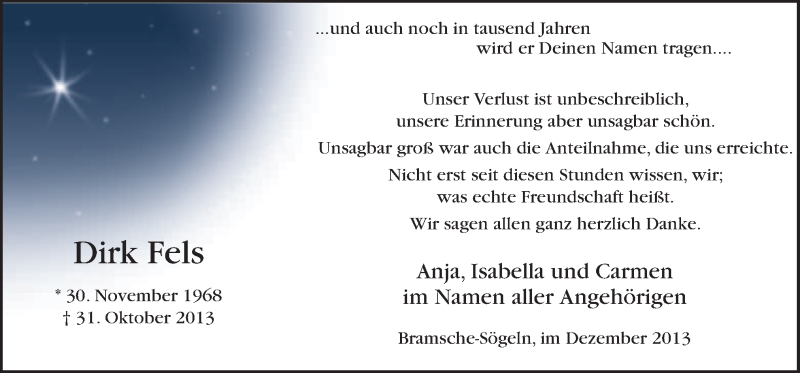  Traueranzeige für Dirk Fels vom 21.12.2013 aus Neue Osnabrücker Zeitung GmbH & Co. KG