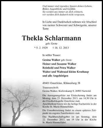 Traueranzeige von Thekla Schlarmann von Neue Osnabrücker Zeitung GmbH & Co. KG
