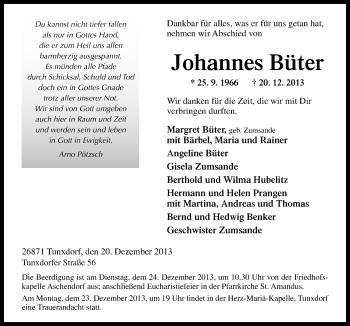 Traueranzeige von Johannes Büter von Neue Osnabrücker Zeitung GmbH & Co. KG